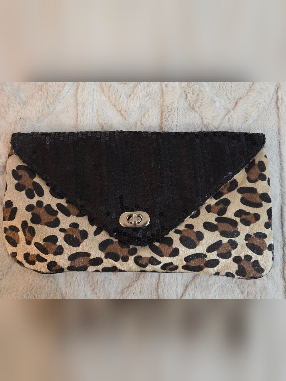 Deb & Dave Sequin & Leopard Print Envelope Clutch - Black Purse Silver Closure
